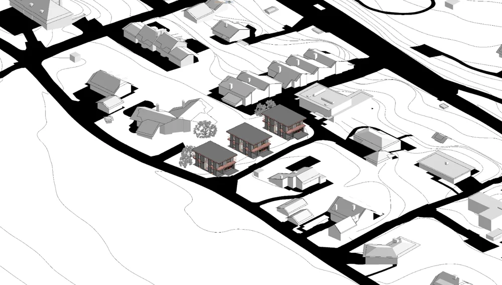 Archicad : axonométrie de l'implantation des trois maisons sur le coteau riverain