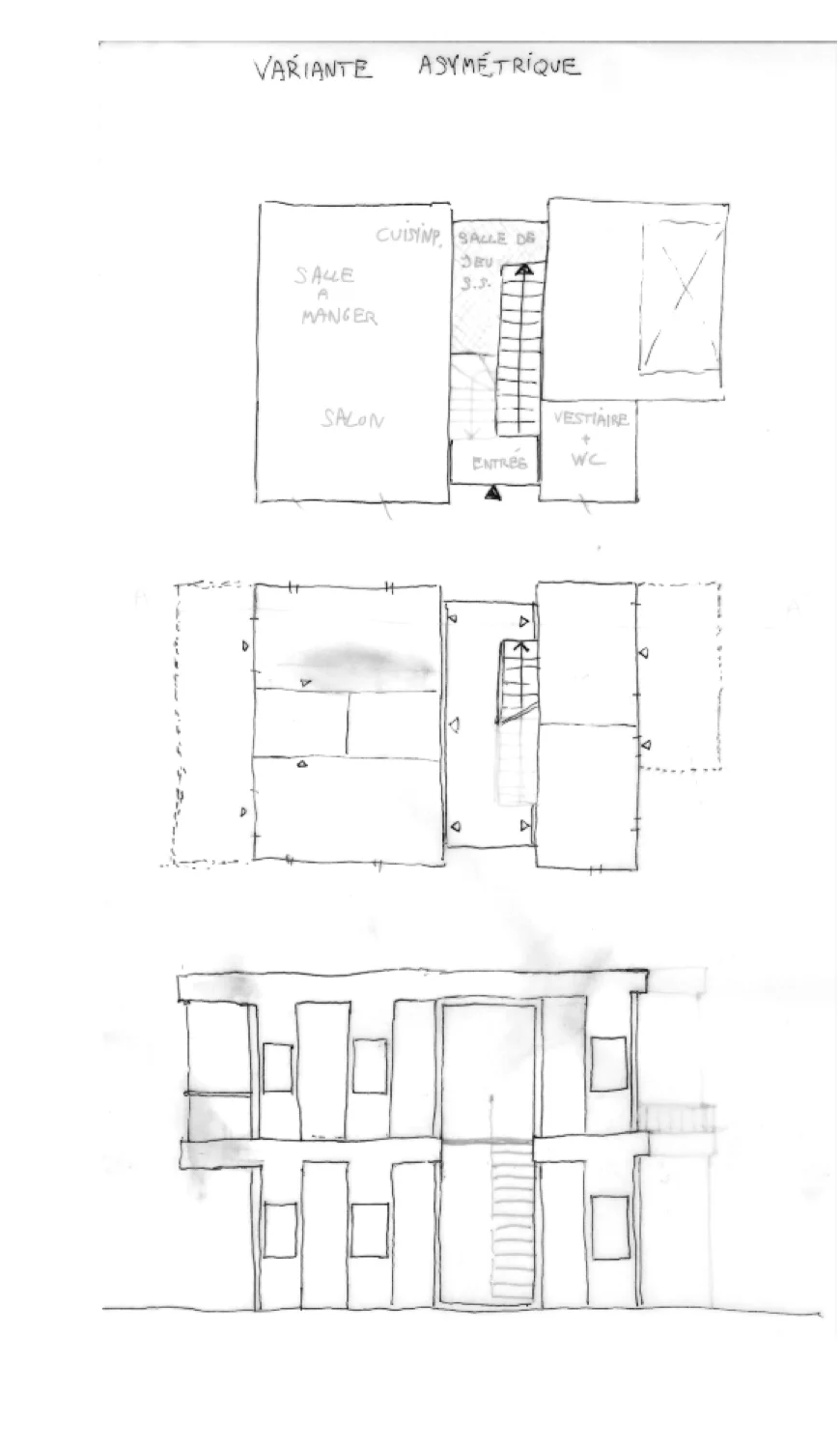 Encre : croquis typologiques, plans et élévation de la variante asymétrique